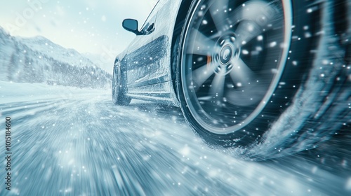 Close-up view of car tires navigating an icy road, capturing the essence of high-speed winter driving with motion blur