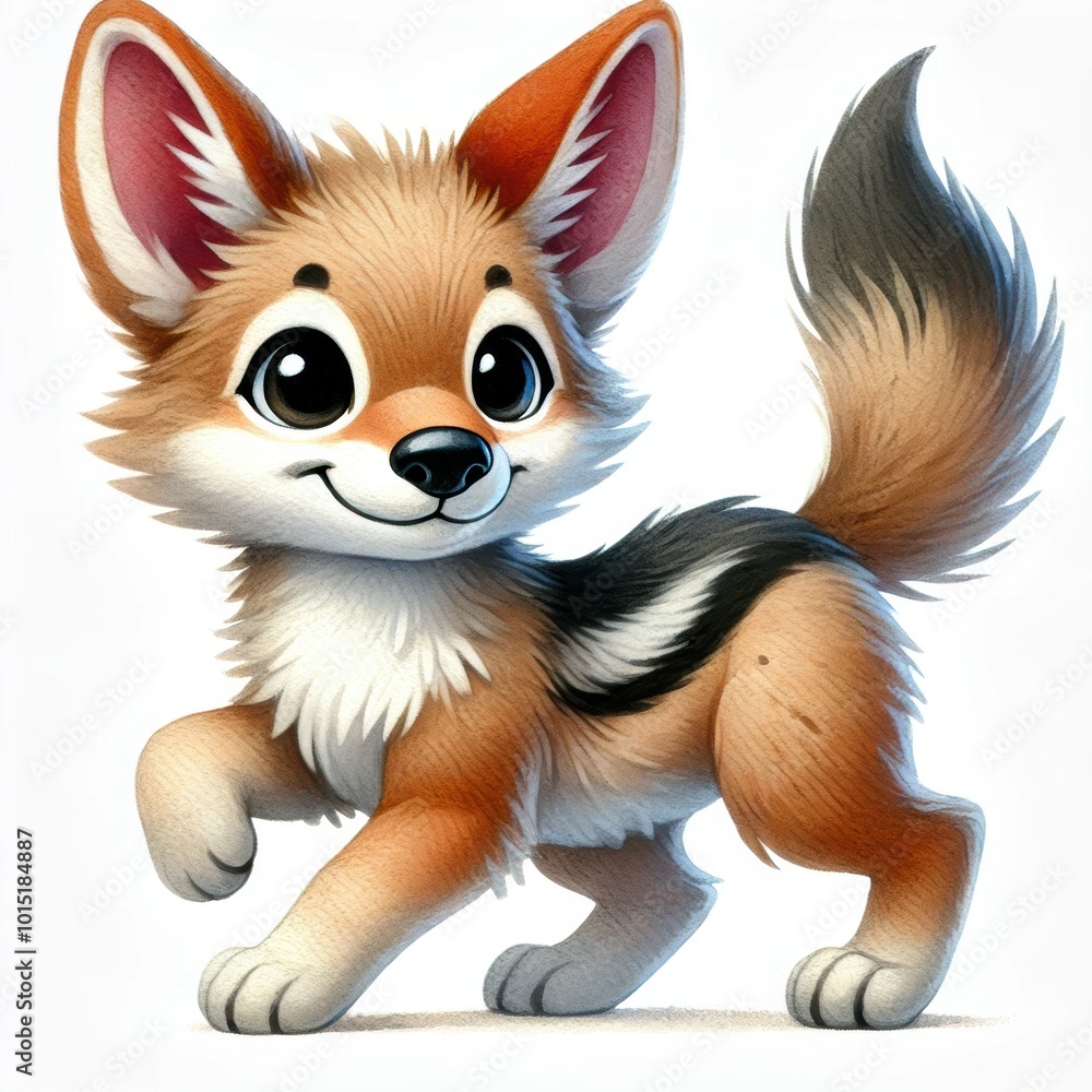 Watercolor illustration of a playful baby jackal in a funny, cartoon style Watercolor illustration of a playful baby jackal in a funny, cartoon style