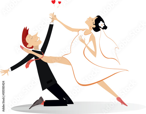 Dancing married wedding couple. 
Heart symbol and dancing happy man and woman in the white dress and wedding veil. Isolated on white background

