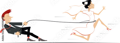 Married wedding couple. Bride runs away from the bridegroom. 
Upset bridegroom trying to catch a runaway bride with a rope
