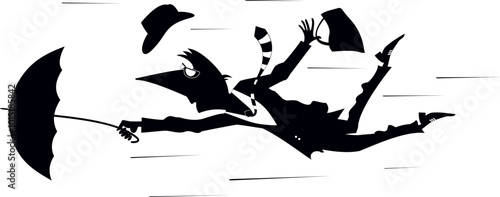 Windy day and man flies with umbrella. 
Strong wind. Man with an umbrella is gone by the wind. Black and white illustration
