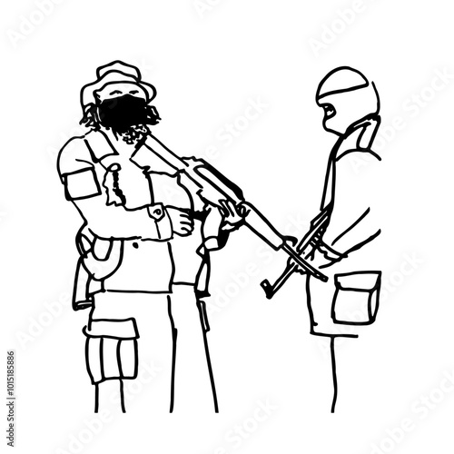 Deux hommes soldats en uniforme avec une arme dans les mains et leur visages masqués. Ils portent une cagoule et son face à face prêt à agir sur une menace
