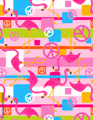 pink flamingo with peach signs girls swimwear all over print repeat 