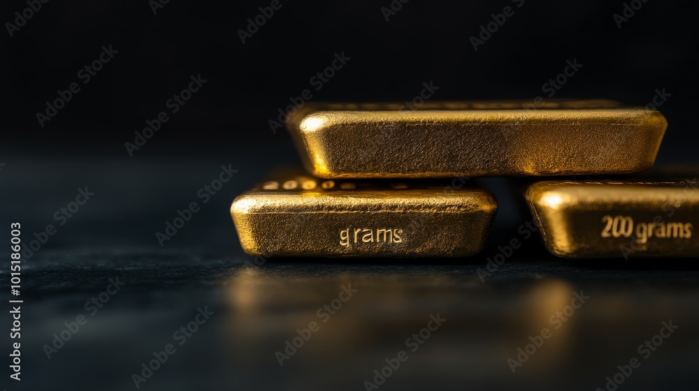 A visually striking arrangement of shiny gold bars forms a pyramid, showcasing their smooth surfaces and the engraved weight of 200 grams against a contrasting dark backdrop A visually striking arrangement of shiny gold bars forms a pyramid, showcasing their smooth surfaces and the engraved weight of 200 grams against a contrasting dark backdrop