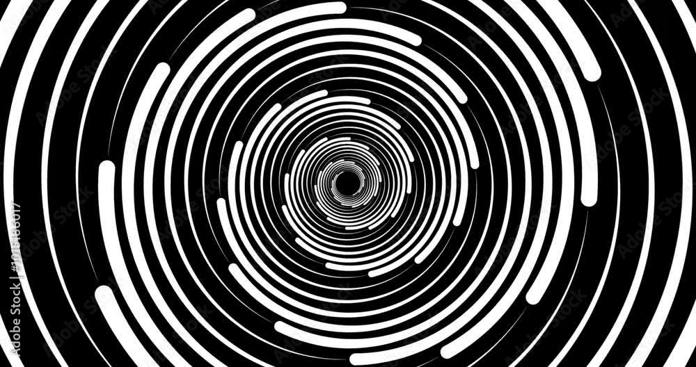 Moving hypnotic spiral. Psychedelic animated spiral and slow rotation. Black and white background with hypnotic expanding collapsing spiral. Seamless loop. 