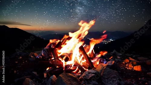 the enchanting blend of nature and urban beauty in this captivating video of a campfire set against a stunning city skyline