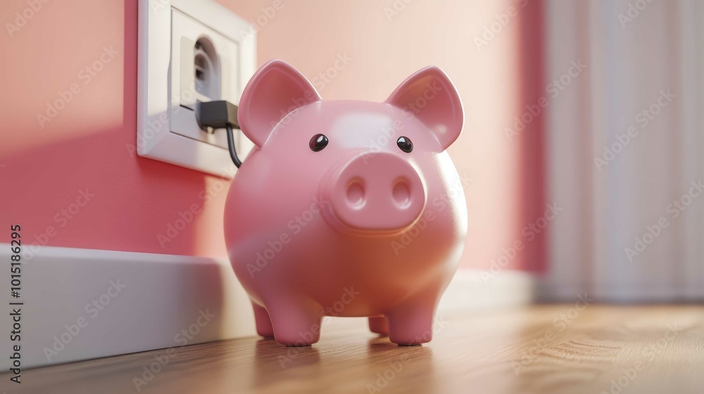 A piggy bank is plugged into an electrical outlet, symbolizing energy and cost savings. Power saving concept. A piggy bank is plugged into an electrical outlet, symbolizing energy and cost savings. Power saving concept.