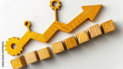 Wooden blocks with an upward arrow and growth chart, a gears icon on a white background. A businesswoman climbing a ladder to success. A line graph