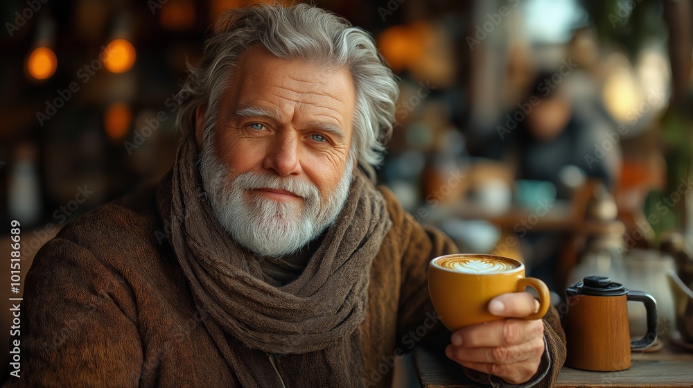 Older Caucasian man enjoying a warm latte in a cozy coffee shop during winter, wearing a scarf and brown jacket, creating a relaxed and intimate atmosphere. Older Caucasian man enjoying a warm latte in a cozy coffee shop during winter, wearing a scarf and brown jacket, creating a relaxed and intimate atmosphere.
