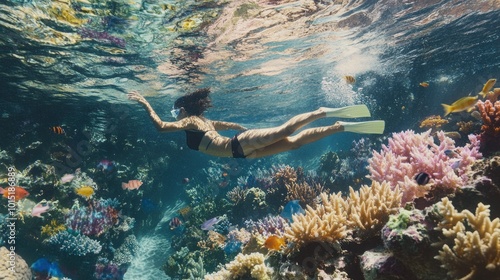 Fototapeta Naklejka Na Ścianę i Meble -  A woman in a bikini and snorkeling gear swims over a vibrant coral reef teeming with colorful fish.