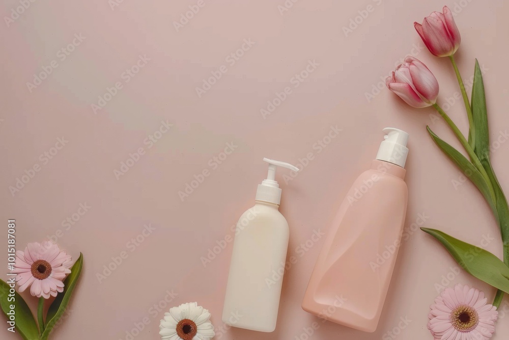 Elegantly arranged skincare products with delicate flowers on a soft neutral background showcasing the essence of gentle beauty care Elegantly arranged skincare products with delicate flowers on a soft neutral background showcasing the essence of gentle beauty care