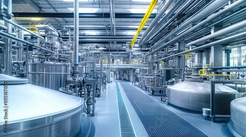 Chemical factory. Interior of a high-tech plant with tanks and pipes. Pharmaceutical or medical laboratory