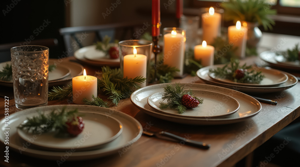 The table is beautifully set with elegant plates and cutlery, surrounded by soft candlelight and natural decorations, creating a welcoming atmosphere for a holiday feast The table is beautifully set with elegant plates and cutlery, surrounded by soft candlelight and natural decorations, creating a welcoming atmosphere for a holiday feast