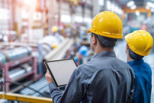 Two civil engineers collaborate on digital plans at an industrial construction site with safety helmets