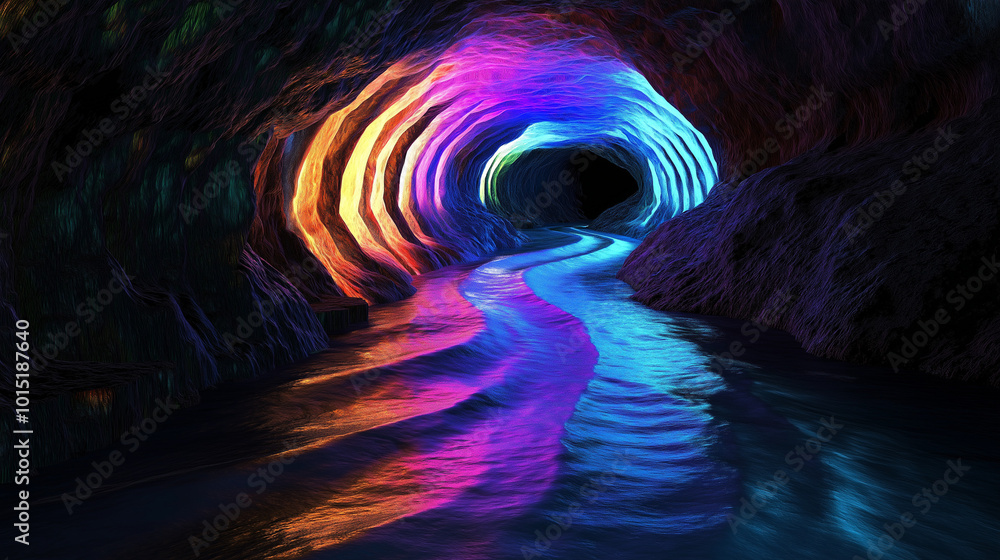 Vividly illuminated cave with water flowing through a colorful tunnel during nighttime in a surreal, serene landscape Vividly illuminated cave with water flowing through a colorful tunnel during nighttime in a surreal, serene landscape