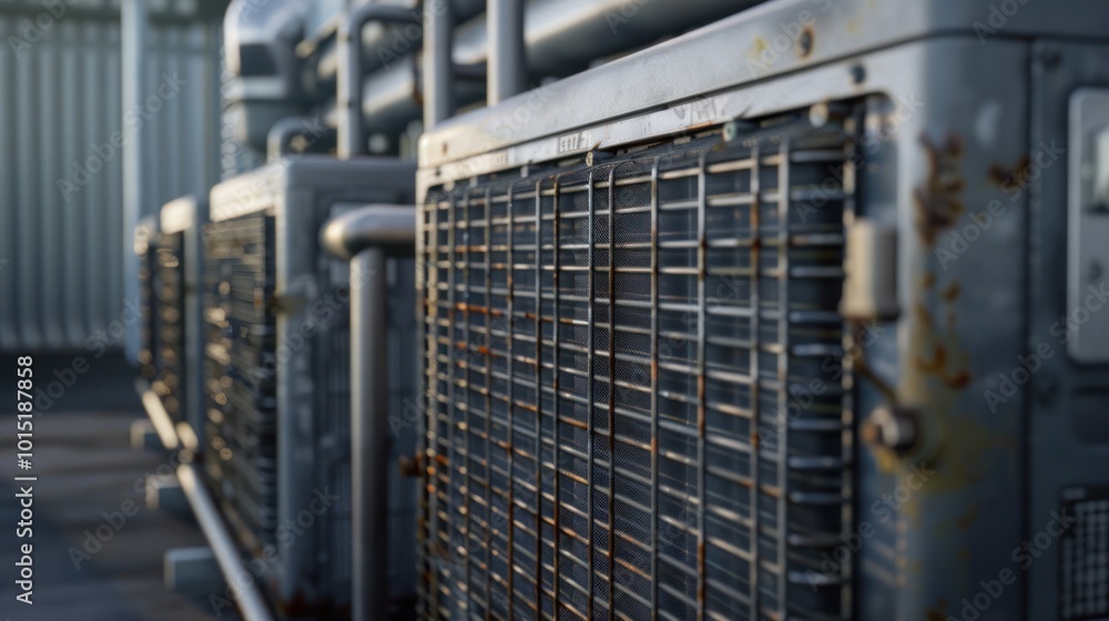 Close-up of Metal Air Conditioner Units on a Building Rooftop Close-up of Metal Air Conditioner Units on a Building Rooftop