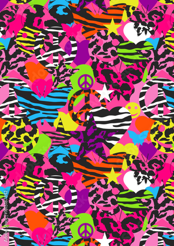 fun alternative brightly colored leopard zebra print with hearts, skull, stars, guitars