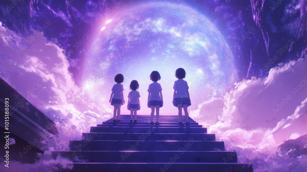 Four children ascend stairs surrounded by clouds, gazing at a large glowing orb in a fantastical, dreamlike landscape at dusk Four children ascend stairs surrounded by clouds, gazing at a large glowing orb in a fantastical, dreamlike landscape at dusk