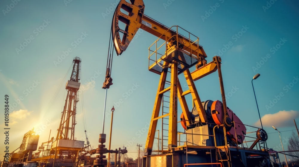 Yellow Oil Pump Jack in a Field Against a Blue Sky Yellow Oil Pump Jack in a Field Against a Blue Sky