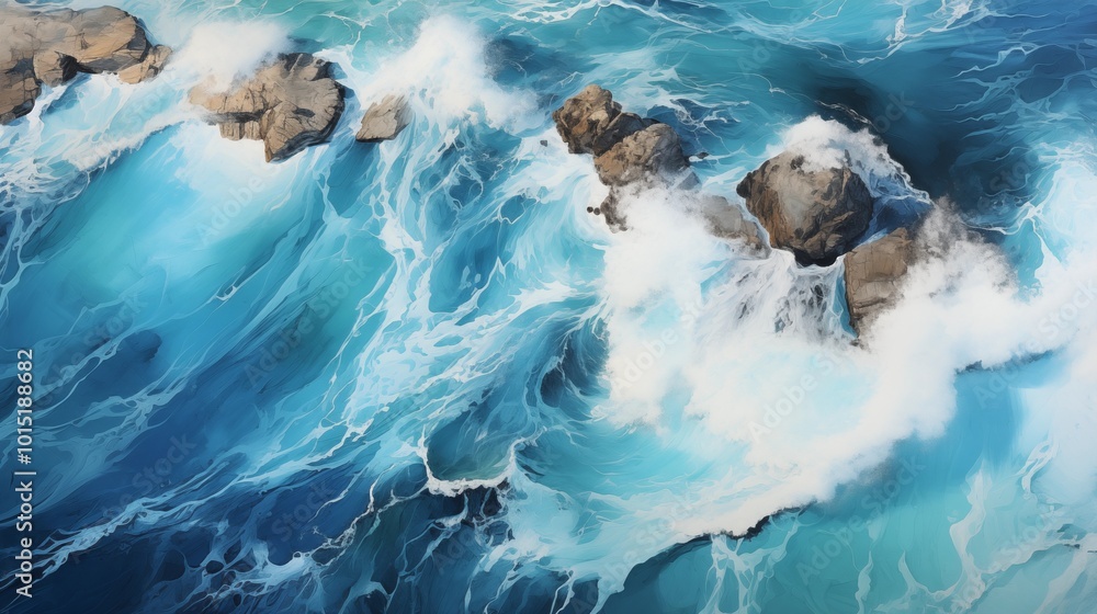Fototapeta premium An impressive aerial photo showing ocean waves crashing in deep waters ideal for backgrounds A drone s bird s eye perspective captures the dynamic seascape in this captivating copy space image