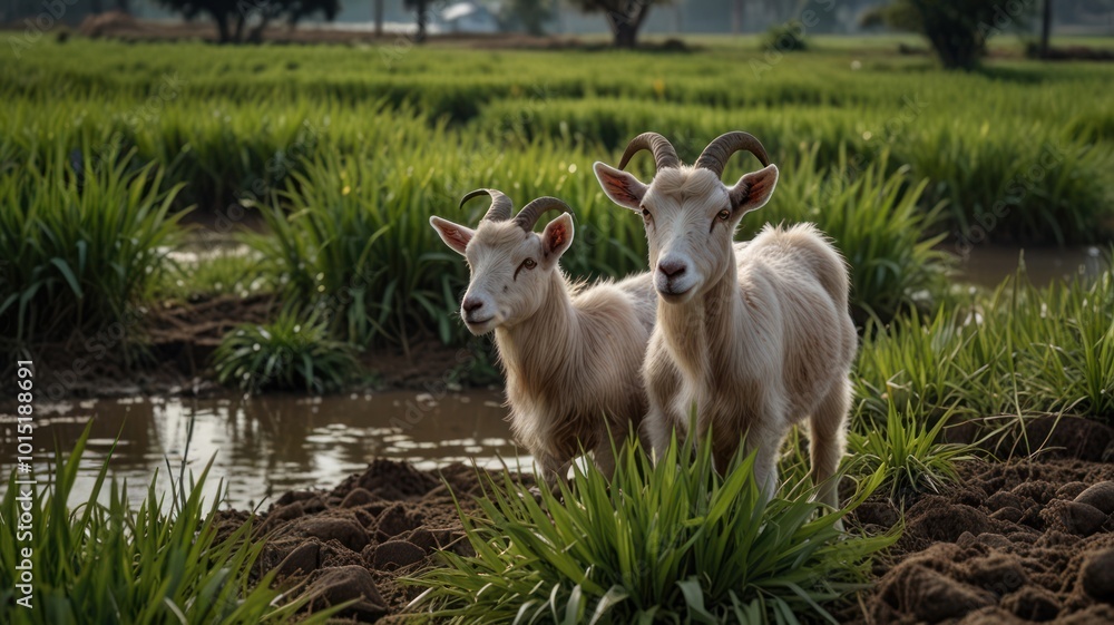 Fototapeta premium Two white goats standing in a green field near a pond.