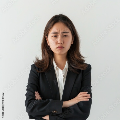 Young Asian woman stands with crossed arms, displaying disappointment and sadness in a minimalistic office setting against a white backdrop