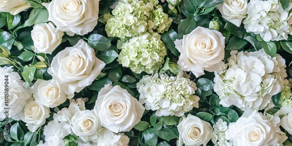 Close-up of a lush floral arrangement featuring white roses and hydrangeas. Close-up of a lush floral arrangement featuring white roses and hydrangeas.