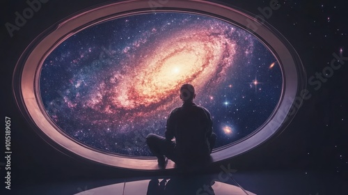 A lone figure gazes out of a large oval window at a swirling galaxy in the vast expanse of space.