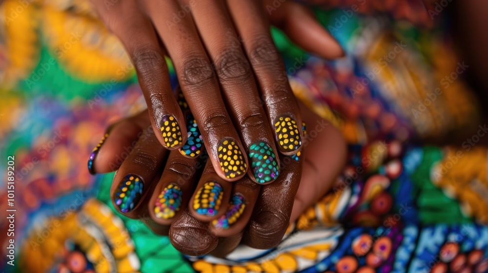 Close-up of African Woman's Hands with Colorful Dotted Nail Polish Close-up of African Woman's Hands with Colorful Dotted Nail Polish