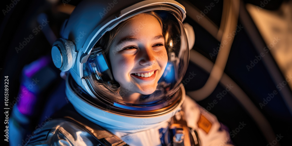 A young smiling female astronaut prepares for a space flight in a spacesuit A young smiling female astronaut prepares for a space flight in a spacesuit