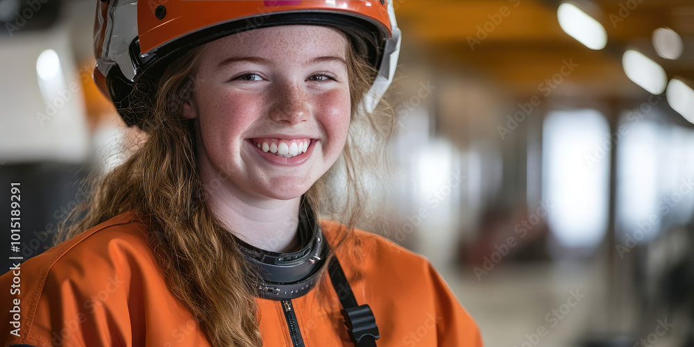 A young smiling female astronaut prepares for a space flight in a spacesuit A young smiling female astronaut prepares for a space flight in a spacesuit