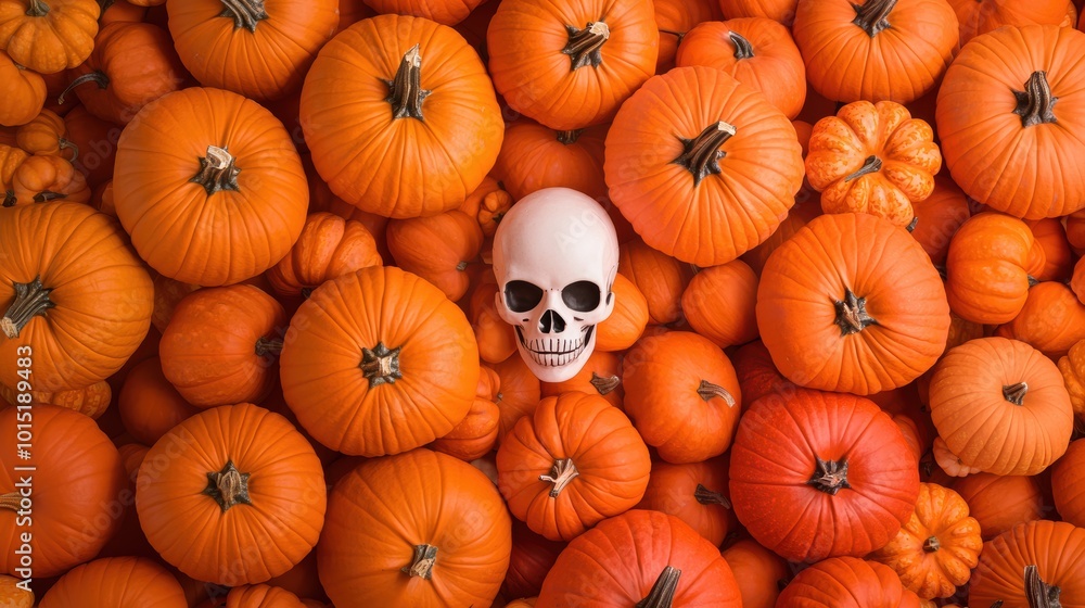 Collection of pumpkins in various sizes and shapes with a single skull placed amongst them as a spooky decoration. Collection of pumpkins in various sizes and shapes with a single skull placed amongst them as a spooky decoration.