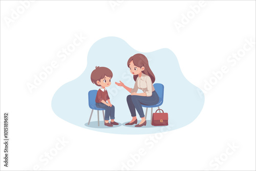 Woman psychiatrist talking to child patient. Psychological help. Children counseling. vector illustration.	