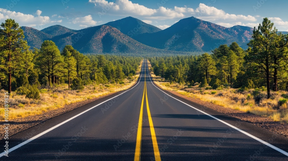 Fototapeta premium A long, straight road leading towards distant mountains, surrounded by pine trees and a blue sky.
