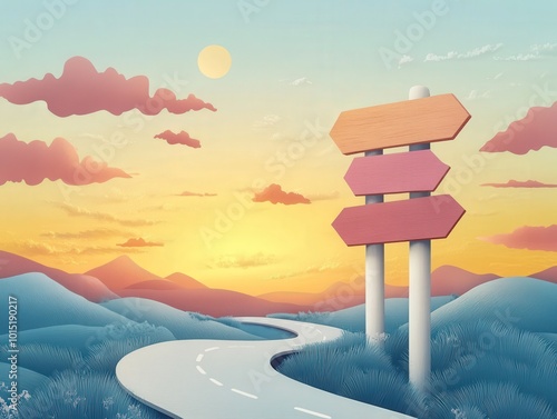 Japanese Anime Minimalist Vector Illustration of Whimsical Road Sign with Multiple Destinations Symbolizing Decision-Making in Playful Landscape