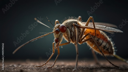 A close-up of a mosquito with its long legs and large eyes.