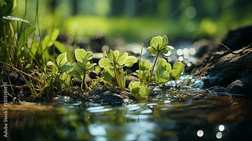 Beautiful spring detailed close up stream of fresh water with young green plants. Horizontal banner, springtime concept. Abstract outdoor wild nature background. Beautiful spring detailed close up stream of fresh water with young green plants. Horizontal banner, springtime concept. Abstract outdoor wild nature background.
