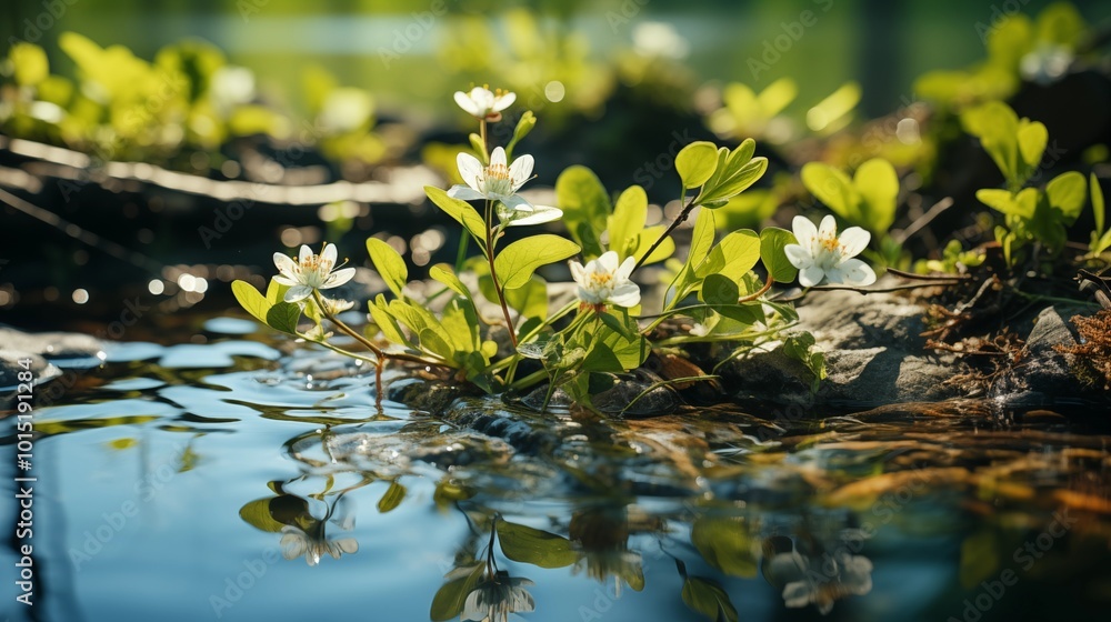 Beautiful spring detailed close up stream of fresh water with young green plants. Horizontal banner, springtime concept. Abstract outdoor wild nature background. Beautiful spring detailed close up stream of fresh water with young green plants. Horizontal banner, springtime concept. Abstract outdoor wild nature background.