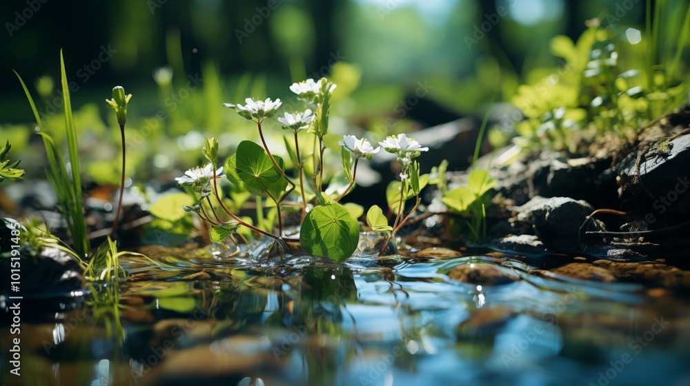 Beautiful spring detailed close up stream of fresh water with young green plants. Horizontal banner, springtime concept. Abstract outdoor wild nature background. Beautiful spring detailed close up stream of fresh water with young green plants. Horizontal banner, springtime concept. Abstract outdoor wild nature background.