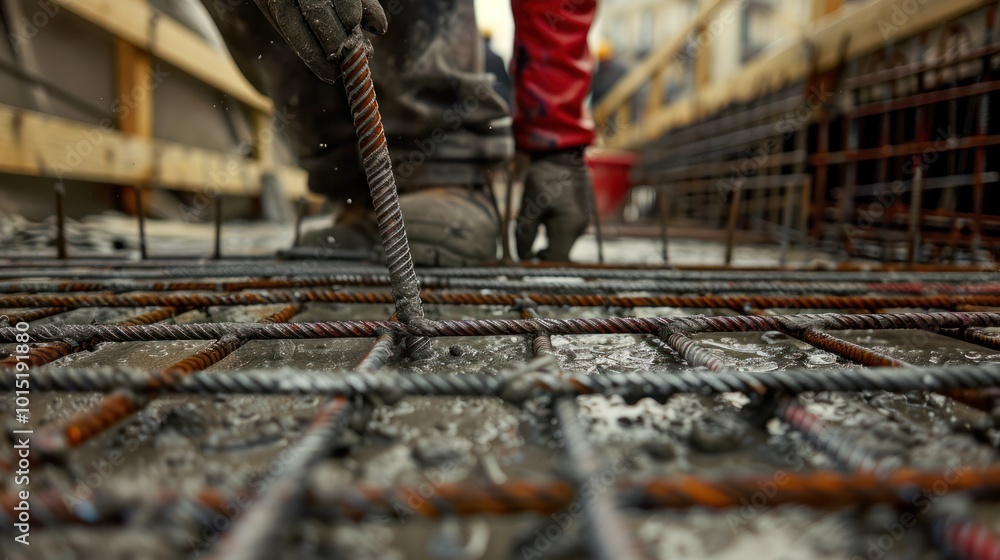 Naklejka premium Close-up of a Worker Securing Rebar in Wet Concrete