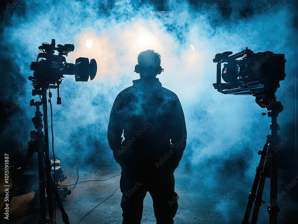 Fototapeta premium Filmmaker Silhouette in Blue Mist 