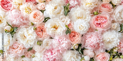 Fototapeta Naklejka Na Ścianę i Meble -  Closeup of delicate pink and white roses and peonies with green leaves.