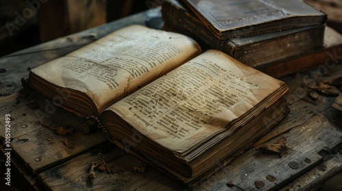 A well-worn antique book lies open on a weathered wooden table, evoking a sense of history and mystery. The soft, warm lighting enhances the texture of the pages and the aged surface.