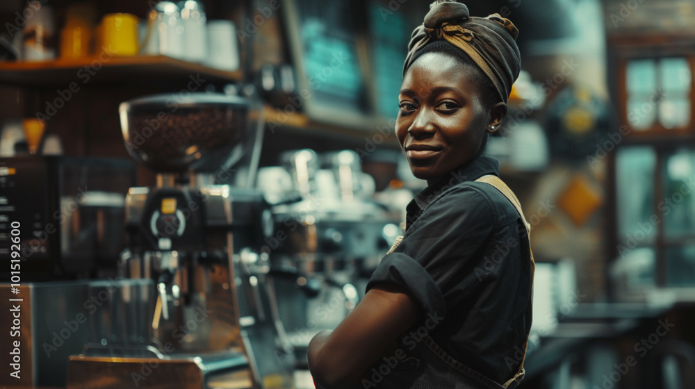 A woman in a black shirt and a turban stands in front of a coffee shop counter A woman in a black shirt and a turban stands in front of a coffee shop counter