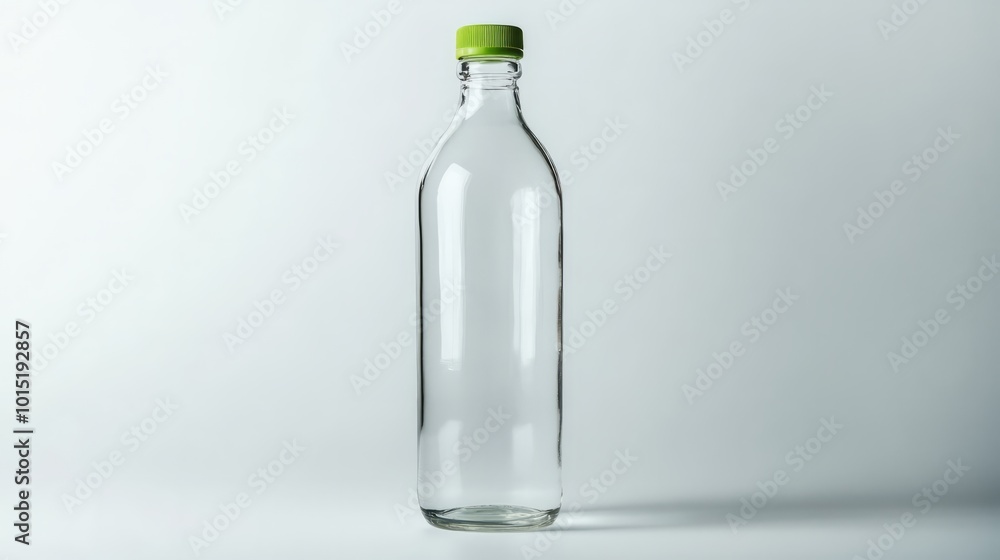 Clear Glass Bottle with Green Lid: A tall, clear glass bottle with a green lid, standing upright on a white background. It's simple, elegant, and ready to be filled with your product. Clear Glass Bottle with Green Lid: A tall, clear glass bottle with a green lid, standing upright on a white background. It's simple, elegant, and ready to be filled with your product.