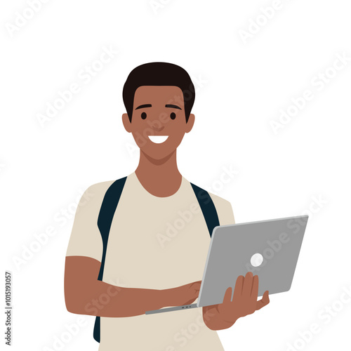 Happy modern student holding laptop. Flat vector illustration isolated on white background