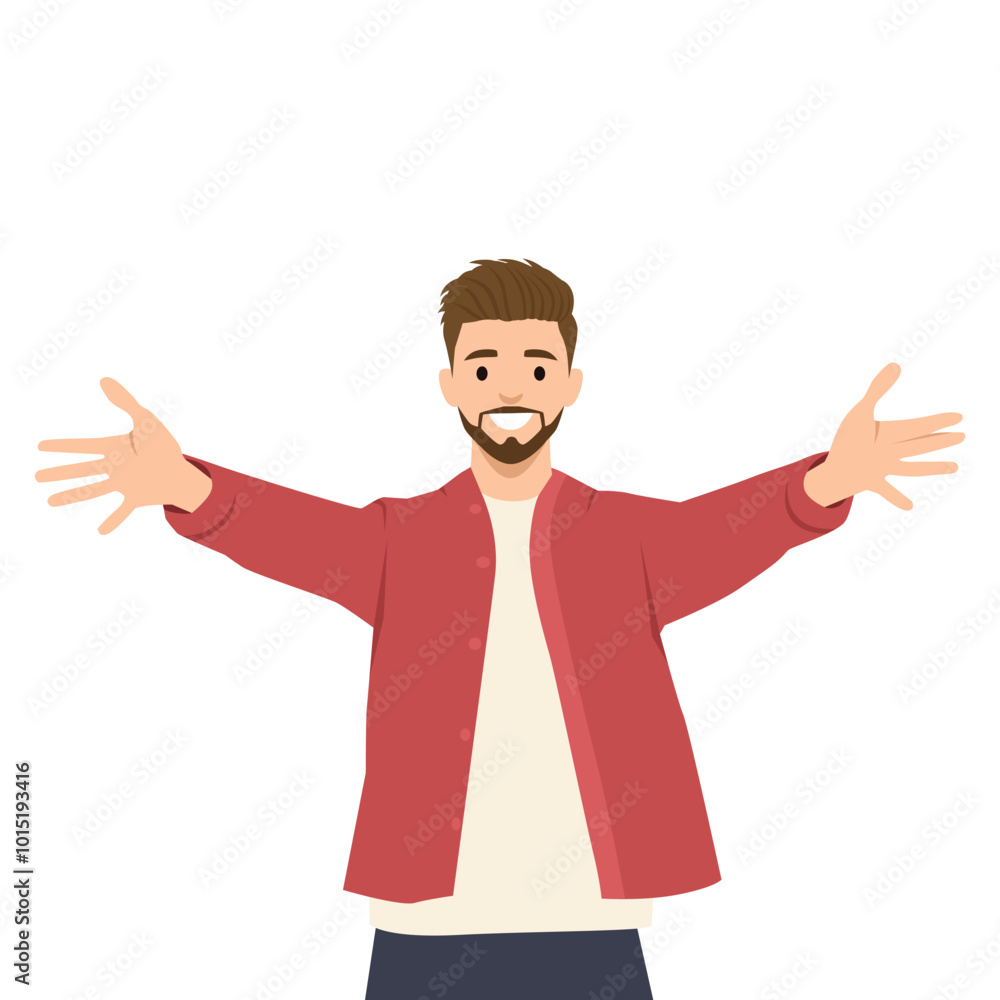 Excited young man stretch hands for hug. Flat vector illustration isolated on white background Excited young man stretch hands for hug. Flat vector illustration isolated on white background