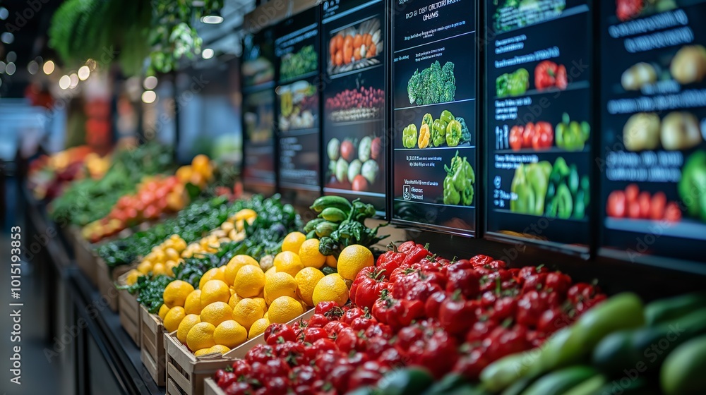 Obraz premium Fresh Produce Display in Grocery Store with Digital Price Tags