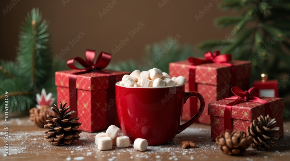 Cozy holiday setting with a red mug filled with marshmallows surrounded by pinecones and Christmas gifts. Cozy holiday setting with a red mug filled with marshmallows surrounded by pinecones and Christmas gifts.