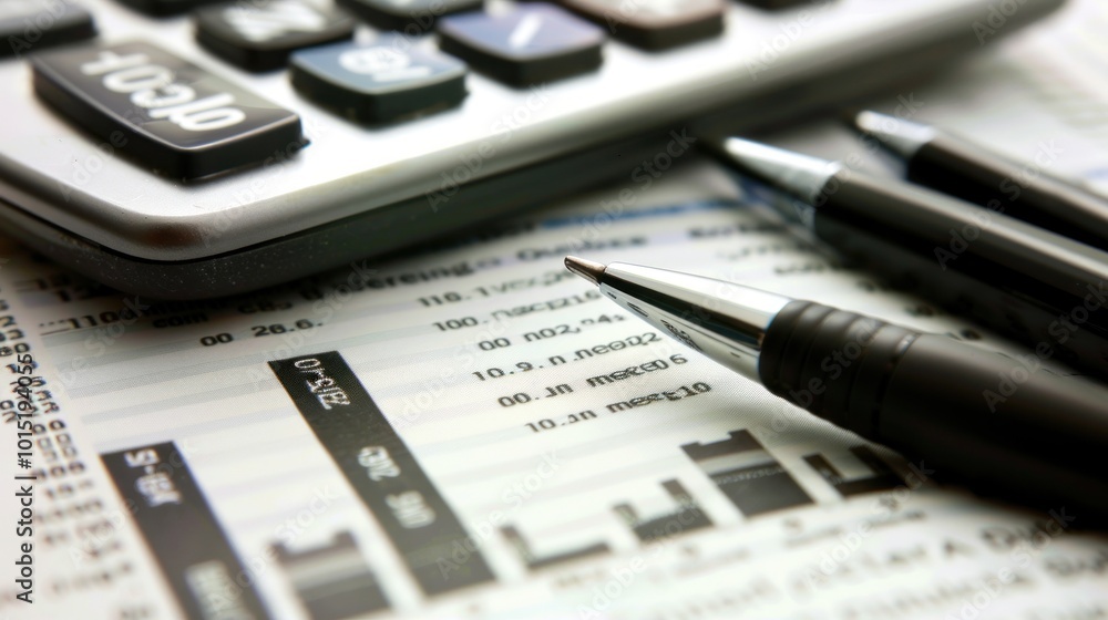 Close-up of financial documents with calculator and pens. Concept of accounting and financial analysis. Close-up of financial documents with calculator and pens. Concept of accounting and financial analysis.